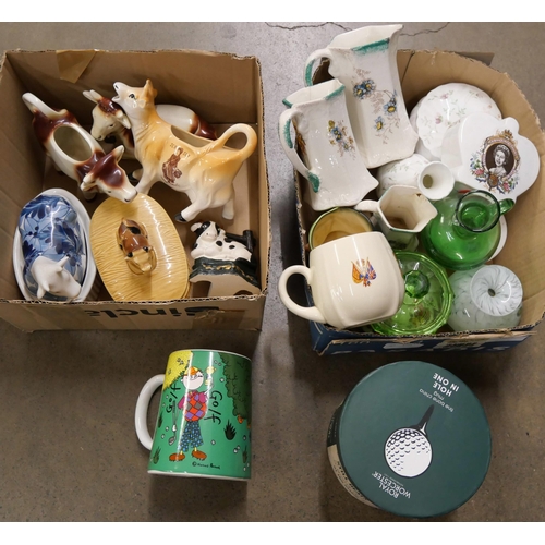 1087 - China; a collection of cow creamers, butter dish, Royal Worcester hole in one mug, a 19th hole mug, ... 