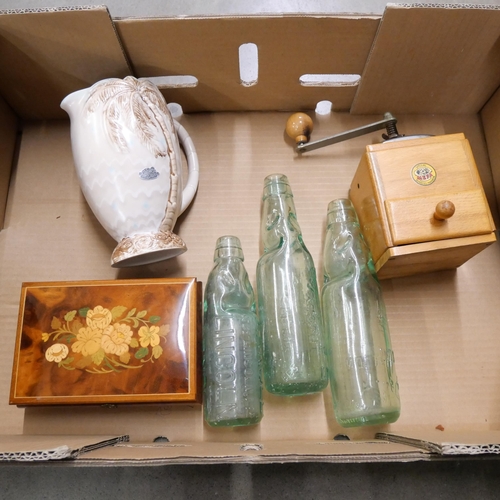 1088 - A musical jewellery box, a Beswick jug, three glass bottles and a wooden grinder **PLEASE NOTE THIS ... 