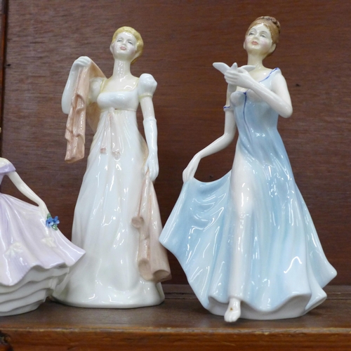 608 - Seven Coalport figures and two Francesca Art Pottery figures - umbrella handle missing from one figu... 