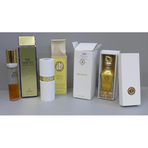 620 - A bottle of Dolce Vita perfume, Nina Ricci L'Air du Temps eau de toilette and White Diamonds Elizabe... 