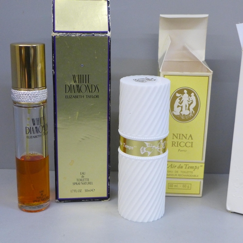 620 - A bottle of Dolce Vita perfume, Nina Ricci L'Air du Temps eau de toilette and White Diamonds Elizabe... 