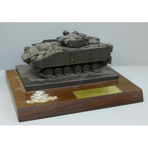 633 - A cold cast bronze model tank, mounted with The West Riding badge
