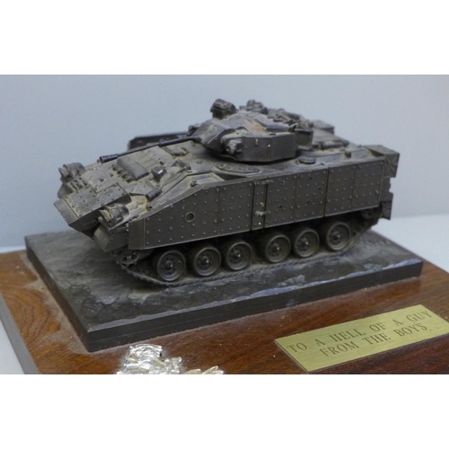 633 - A cold cast bronze model tank, mounted with The West Riding badge