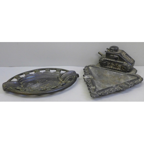 634 - Two French ashtrays with FT17 WWI tank detail