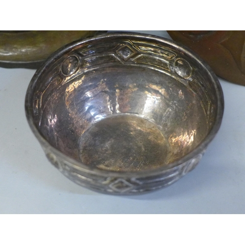 641 - An Arts and Crafts copper dish, brass dish and plated bowl