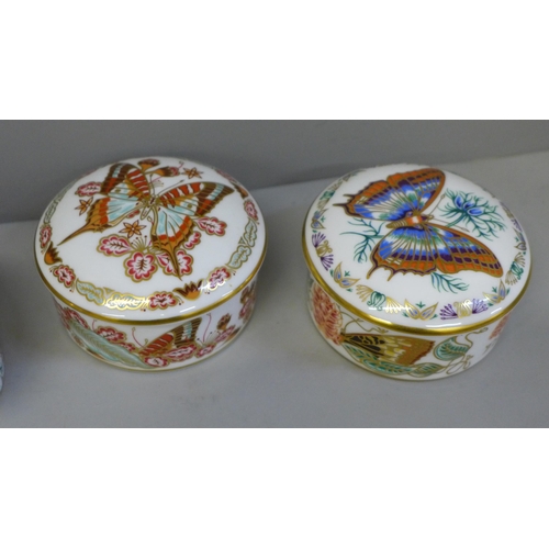 644 - Four Royal Crown Derby Butterflies of the World lidded pots, USA, Europe, Great Britain and Eastern