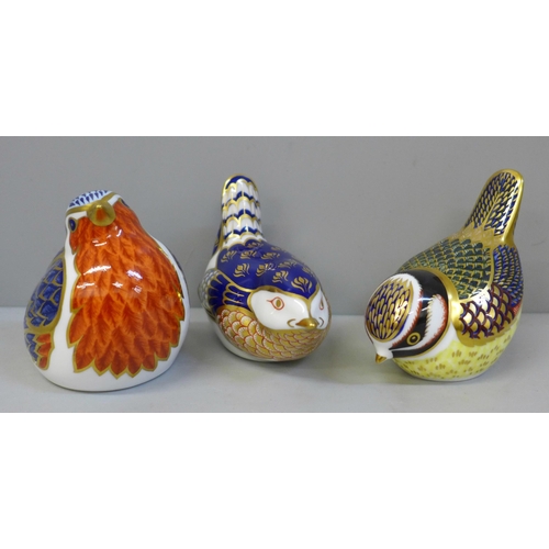 645 - Three Royal Crown Derby bird paperweights with silver stoppers