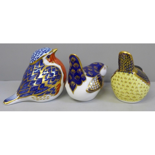 645 - Three Royal Crown Derby bird paperweights with silver stoppers