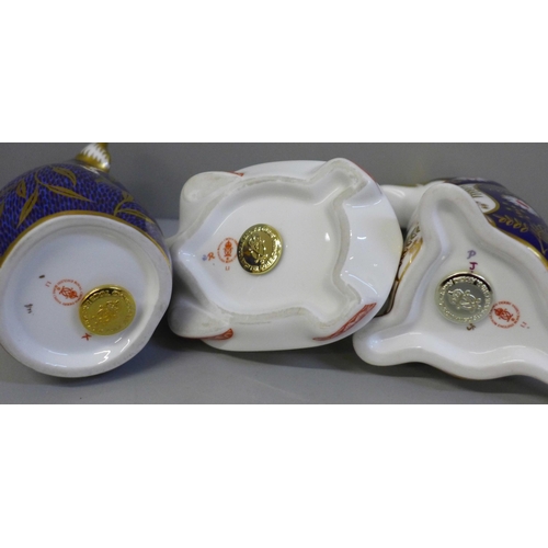 646 - Three Royal Crown Derby paperweights, Koala and Turtle with gold stoppers and duck-billed platypus w... 