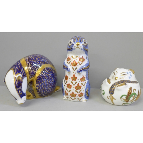 654 - Three Royal Crown Derby paperweights with gold stoppers, Badger, Chipmunk and Dormouse