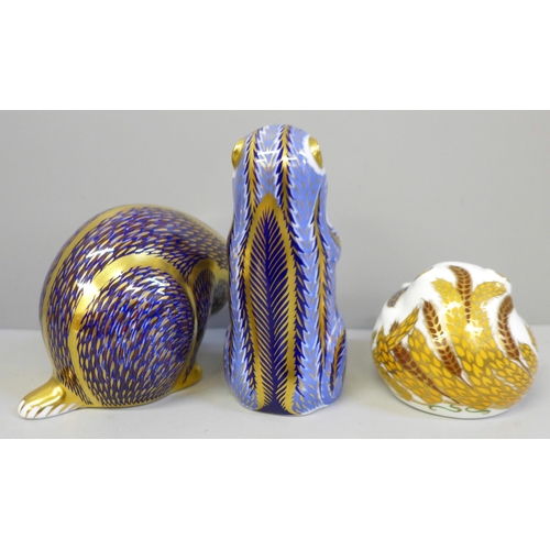 654 - Three Royal Crown Derby paperweights with gold stoppers, Badger, Chipmunk and Dormouse