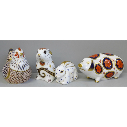 657 - Four Royal Crown Derby paperweights, Sow, Rabbit, Mouse and Hen, three with gold stoppers