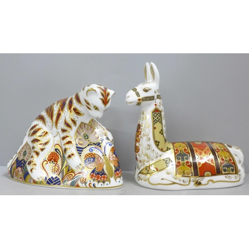 664 - A Royal Crown Derby Bengal tiger cub paperweight, gold stopper and a llama, gold stopper