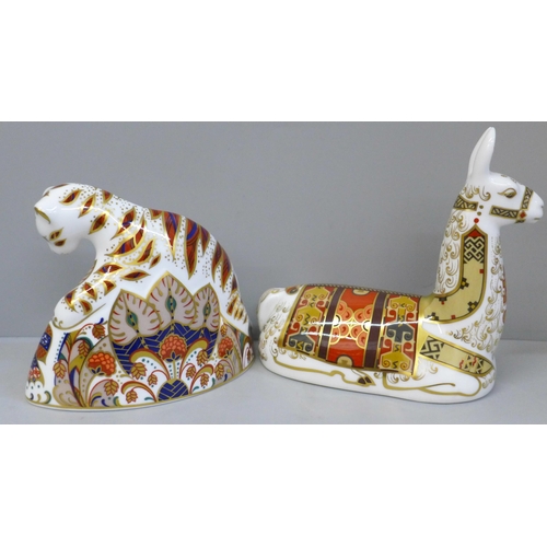 664 - A Royal Crown Derby Bengal tiger cub paperweight, gold stopper and a llama, gold stopper