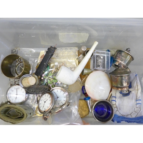 675 - A clay pipe, bottle cork, thimbles, quartz pocket watches, etc.