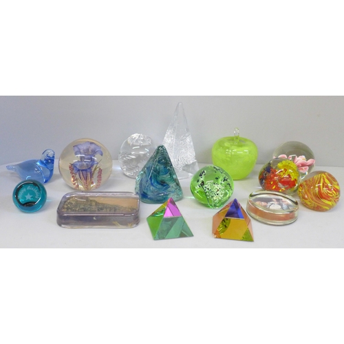 678 - A collection of paperweights including a Caithness Happy Birthday paperweight, a hand made example a... 