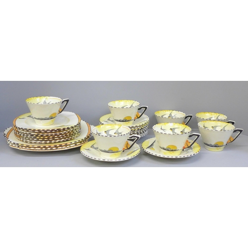 683 - A Burleigh Art Deco part tea set, one tea plate crazed and stained and one cup with chip to rim **PL... 