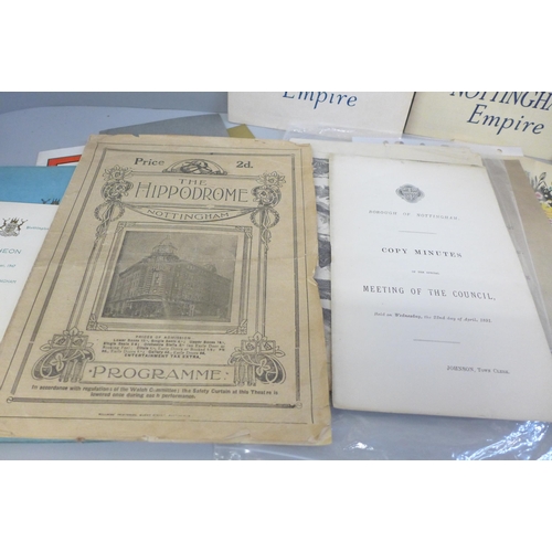 687 - Fifteen items of Nottingham ephemera from the 1800s/1900s including a Hippodrome programme 1921, Gra... 