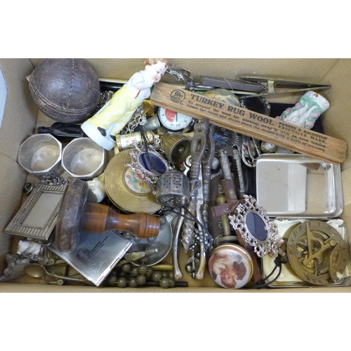 690 - A compact, pill box, porcelain figures, napkin rings, nutcrackers, etc.