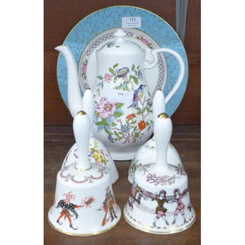 713 - An Aynsley Pembroke coffee pot, four Hammersley porcelain bells and an Aynsley cabinet plate