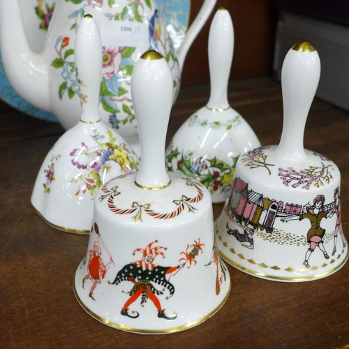 713 - An Aynsley Pembroke coffee pot, four Hammersley porcelain bells and an Aynsley cabinet plate