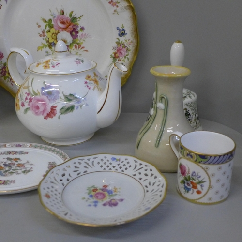 730 - A Hammersley cup, saucer and dinner plate, one other cabinet plate, Duchess tea pot, Aynsley Orchard... 