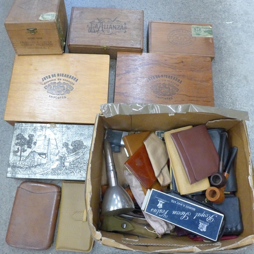 738 - Six cigar boxes and a box of lighters, table lighters, cigar boxes and pipes