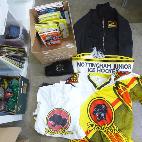 778 - A collection of Nottingham Panthers ice hockey items including a shirt, hat, scarf, T-shirt, jacket,... 