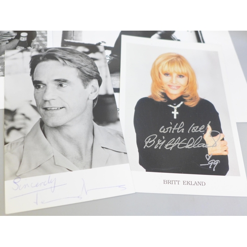 792F - Signed photographs including Britt Ekland, Jeremy Irons, Jo Brand, Robert Newman, etc.