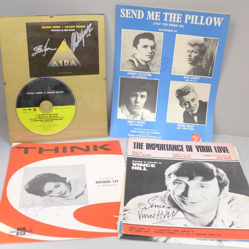 792H - Music autographs; Elton John and Leann Rymes CD display, Brenda Lee, other 1960's, etc.