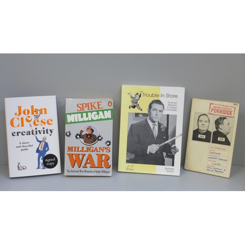 792L - Autographed comedy books, Ronnie Barker, John Cleese, Norman Wisdom and Spike Milligan (4)