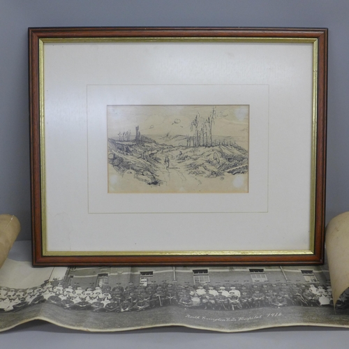 797 - A WWI panorama photograph of North Evington War Hospital, 1916 and a framed pen and ink drawing of a... 