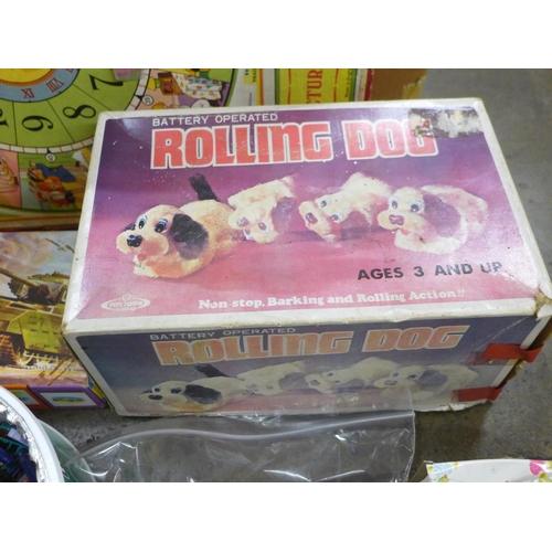 807 - A Rolling Dog vintage toy, boxed, others include a boxed puzzle and a Scalecraft Centurion Tank