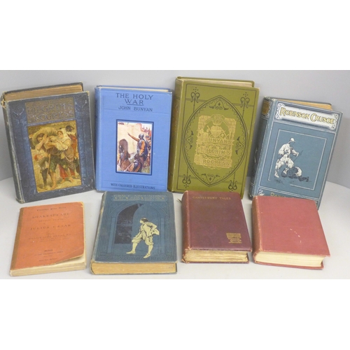 808 - A collection of books including The Holy War, The Pilgrim's Progress (2) by John Bunyan, Robinson Cr... 