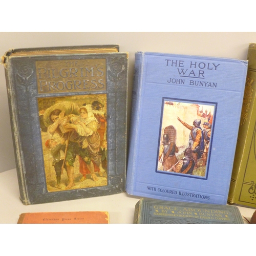 808 - A collection of books including The Holy War, The Pilgrim's Progress (2) by John Bunyan, Robinson Cr... 