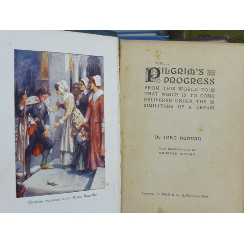 808 - A collection of books including The Holy War, The Pilgrim's Progress (2) by John Bunyan, Robinson Cr... 