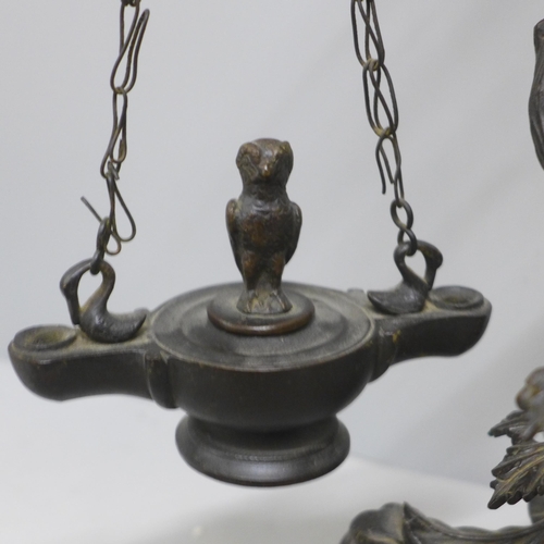 814 - A bronze 'Grand Tour' oil lamp in the form of a crane on top of a tree stump with snake entwined on ... 