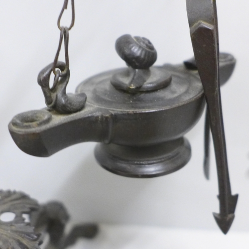 814 - A bronze 'Grand Tour' oil lamp in the form of a crane on top of a tree stump with snake entwined on ... 