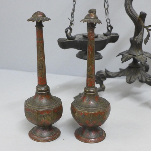 814 - A bronze 'Grand Tour' oil lamp in the form of a crane on top of a tree stump with snake entwined on ... 