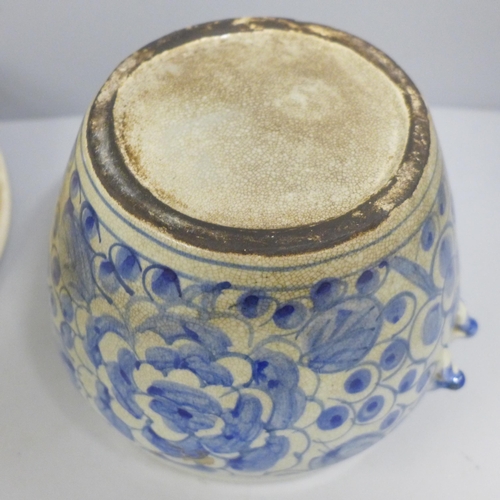 815 - An oriental blue and white hand painted lidded pot, 18cm