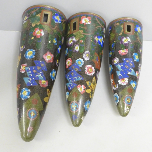 816 - Three graduated cloisonne wall hanging pockets, tallest 26cm