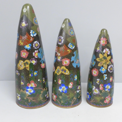 816 - Three graduated cloisonne wall hanging pockets, tallest 26cm