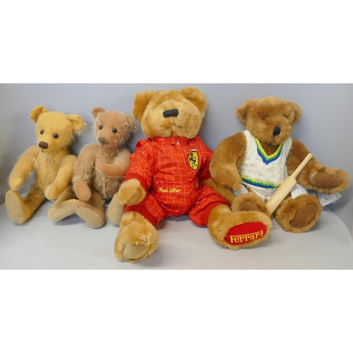 829 - Four Teddy bears; two Bainbridge bears, a Ferrari Scuda bear and a Cricketer Canterbury bear