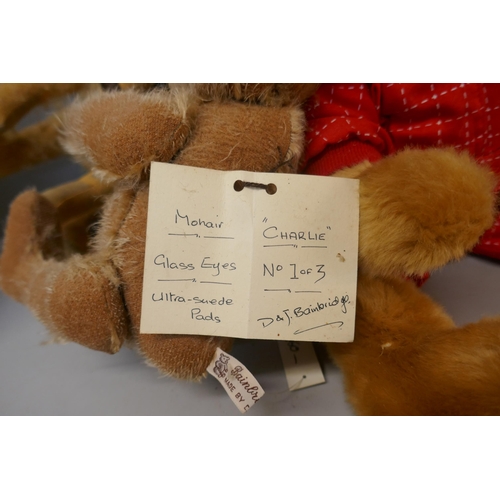 829 - Four Teddy bears; two Bainbridge bears, a Ferrari Scuda bear and a Cricketer Canterbury bear