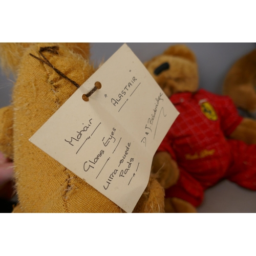 829 - Four Teddy bears; two Bainbridge bears, a Ferrari Scuda bear and a Cricketer Canterbury bear