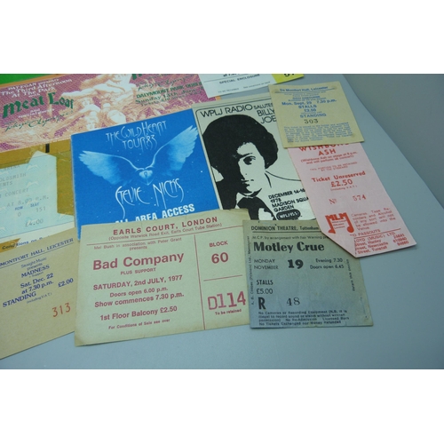 839 - A selection of pop music tickets including Ozzy Osbourne, Motley Crew, Alex Harvey Band, Bad Company... 