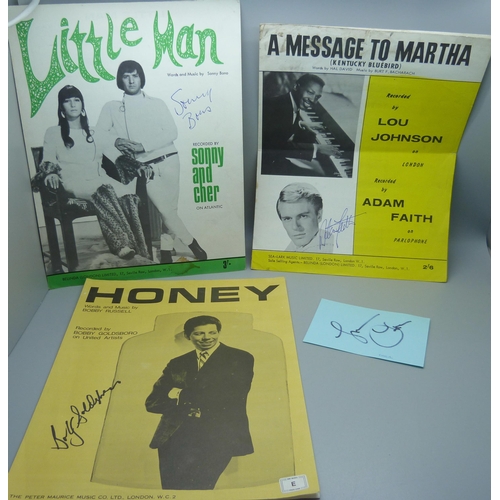 848 - Pop music autographed sheet music by Sonny Bono, Adam Faith, Bobby Goldsboro and a Cher signed page ... 