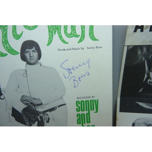 848 - Pop music autographed sheet music by Sonny Bono, Adam Faith, Bobby Goldsboro and a Cher signed page ... 