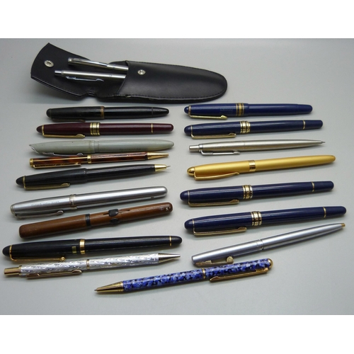 888 - A collection of fountain pens and ballpoint pens, (no gold nibs)