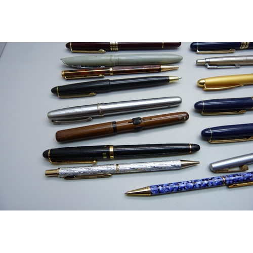 888 - A collection of fountain pens and ballpoint pens, (no gold nibs)